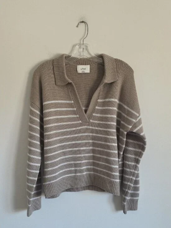 ARITZIA | Wilfred Clara Merino Wool Sweater striped Beige Sz M - Picture 2 of 5